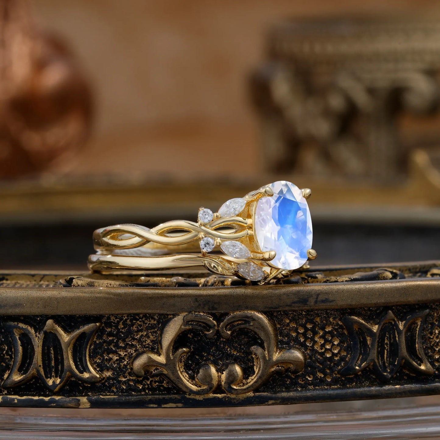 Nature-inspired 4-Prong Oval Cut Moonstone Stacking Ring