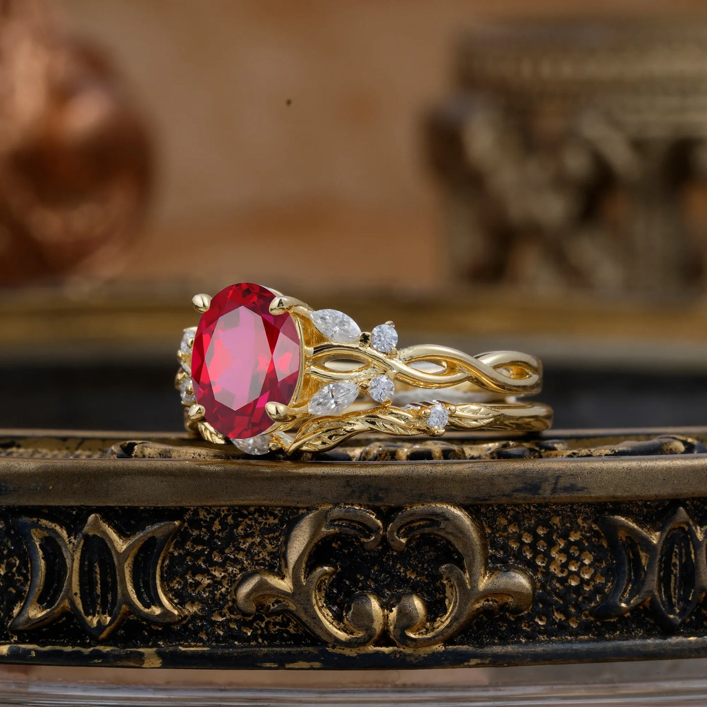 Nature-inspired 4-Prong Oval Cut Ruby Stacking Ring