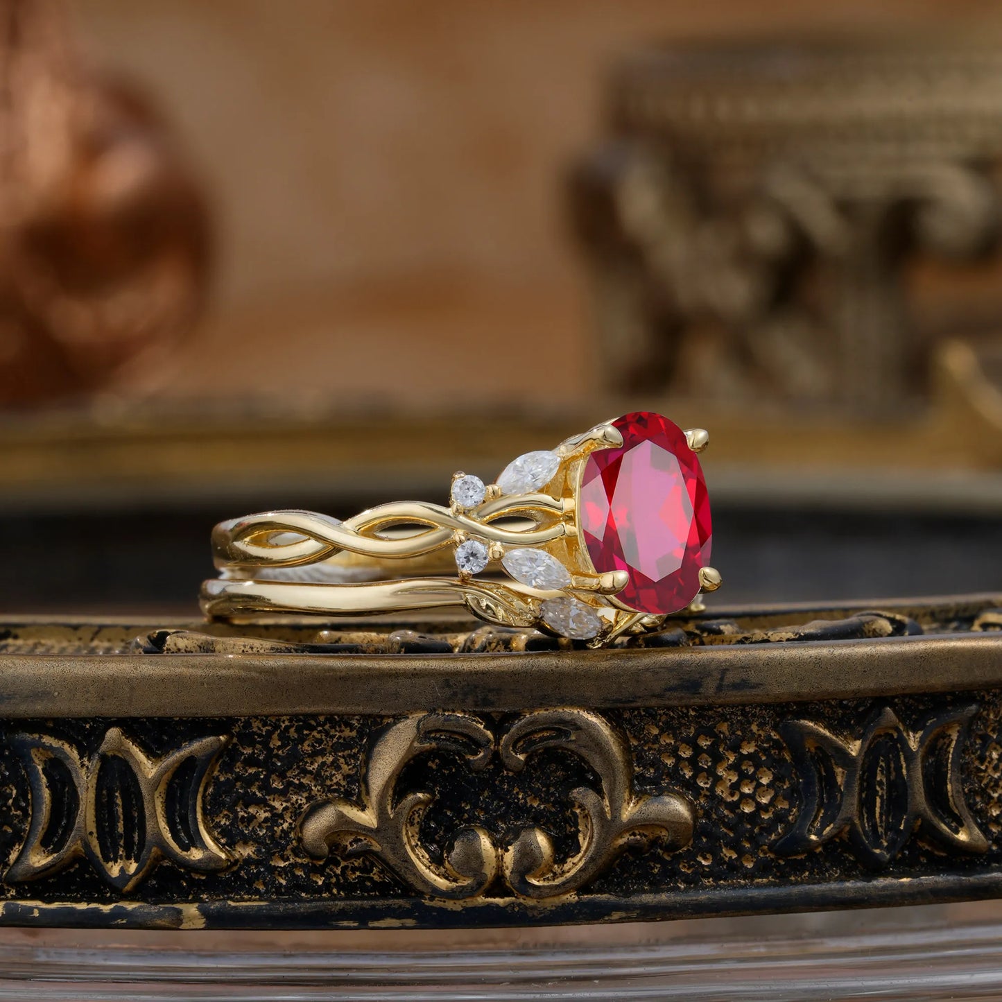 Nature-inspired 4-Prong Oval Cut Ruby Stacking Ring