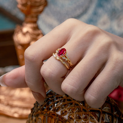 Nature-inspired 4-Prong Oval Cut Ruby Stacking Ring