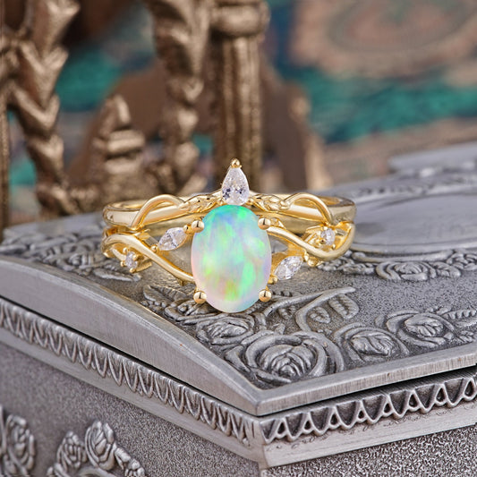 Enchanted 4-Prong Oval Cut Opal Stacking Bridal Ring Set