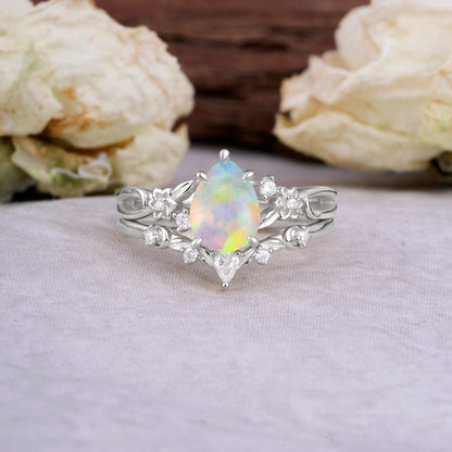 Art Nouveau 5-Prong Pear Cut Opal Bridal Ring Set