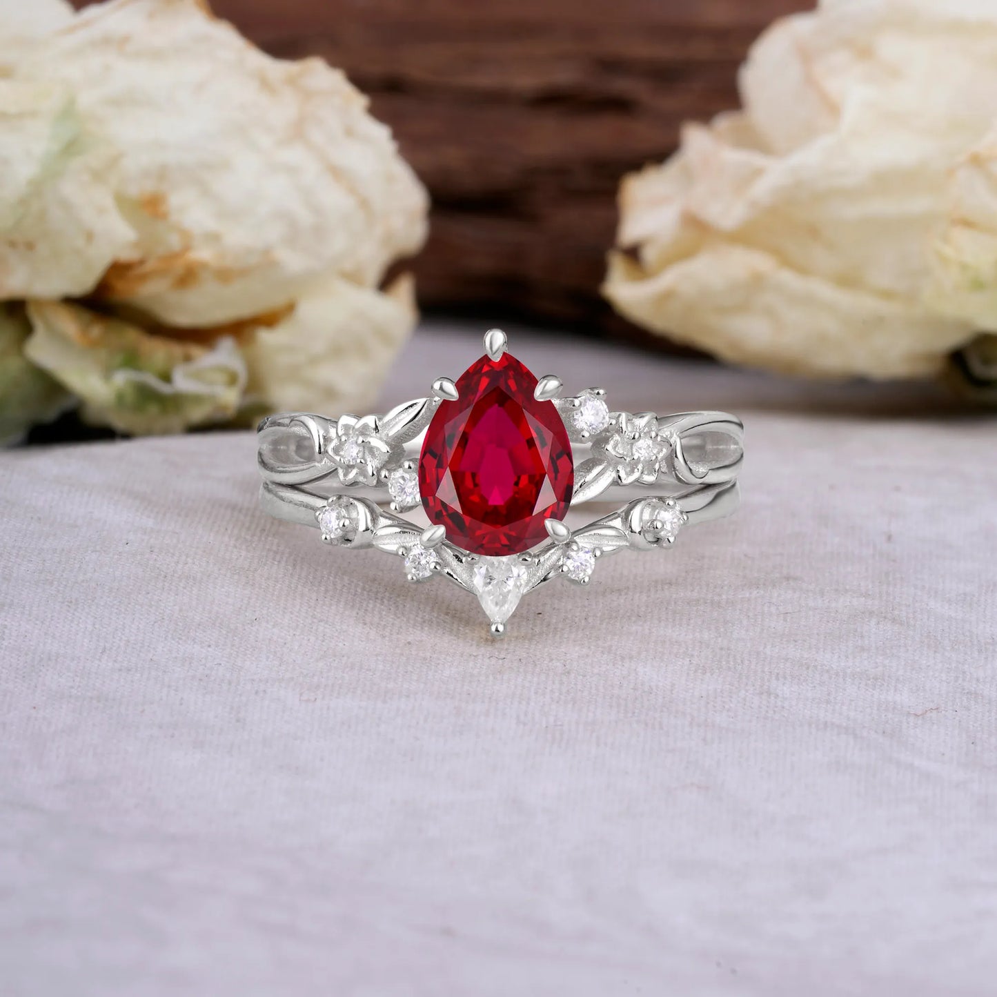 Art Nouveau 5-Prong Pear Cut Ruby Ring