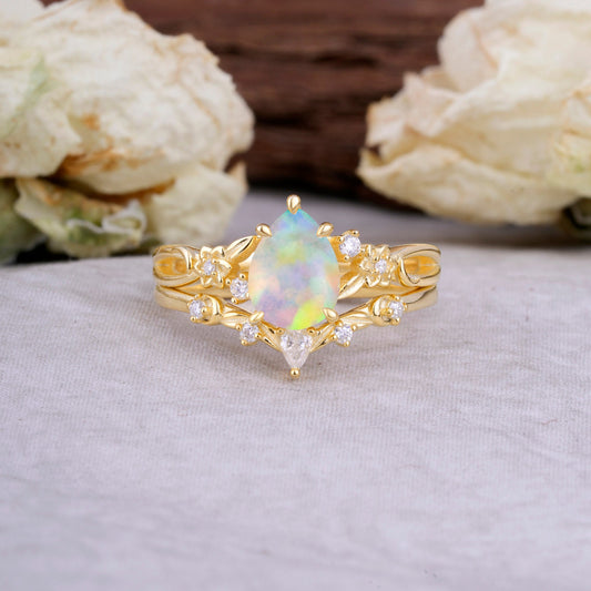Art Nouveau 5-Prong Pear Cut Opal Bridal Ring Set