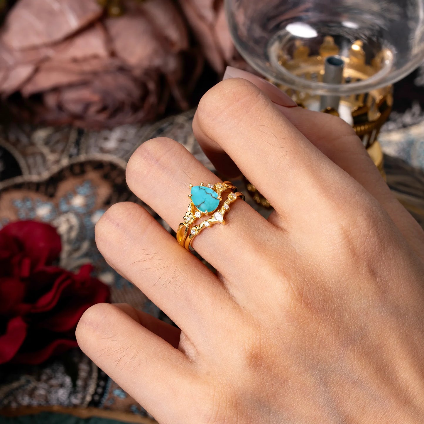 Art Nouveau 5-Prong Pear Cut Turquoise Ring