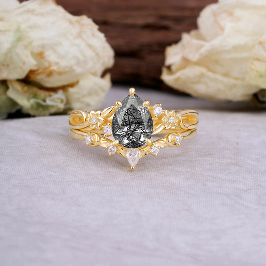 Art Nouveau 5-Prong Pear Cut Black Rutilated Quartz Ring