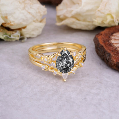 Art Nouveau 5-Prong Pear Cut Black Rutilated Quartz Ring