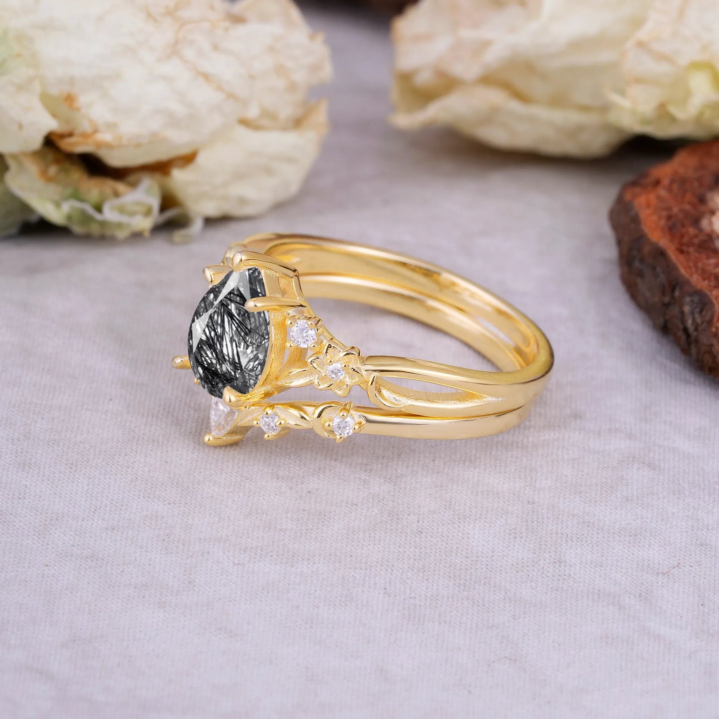 Art Nouveau 5-Prong Pear Cut Black Rutilated Quartz Ring