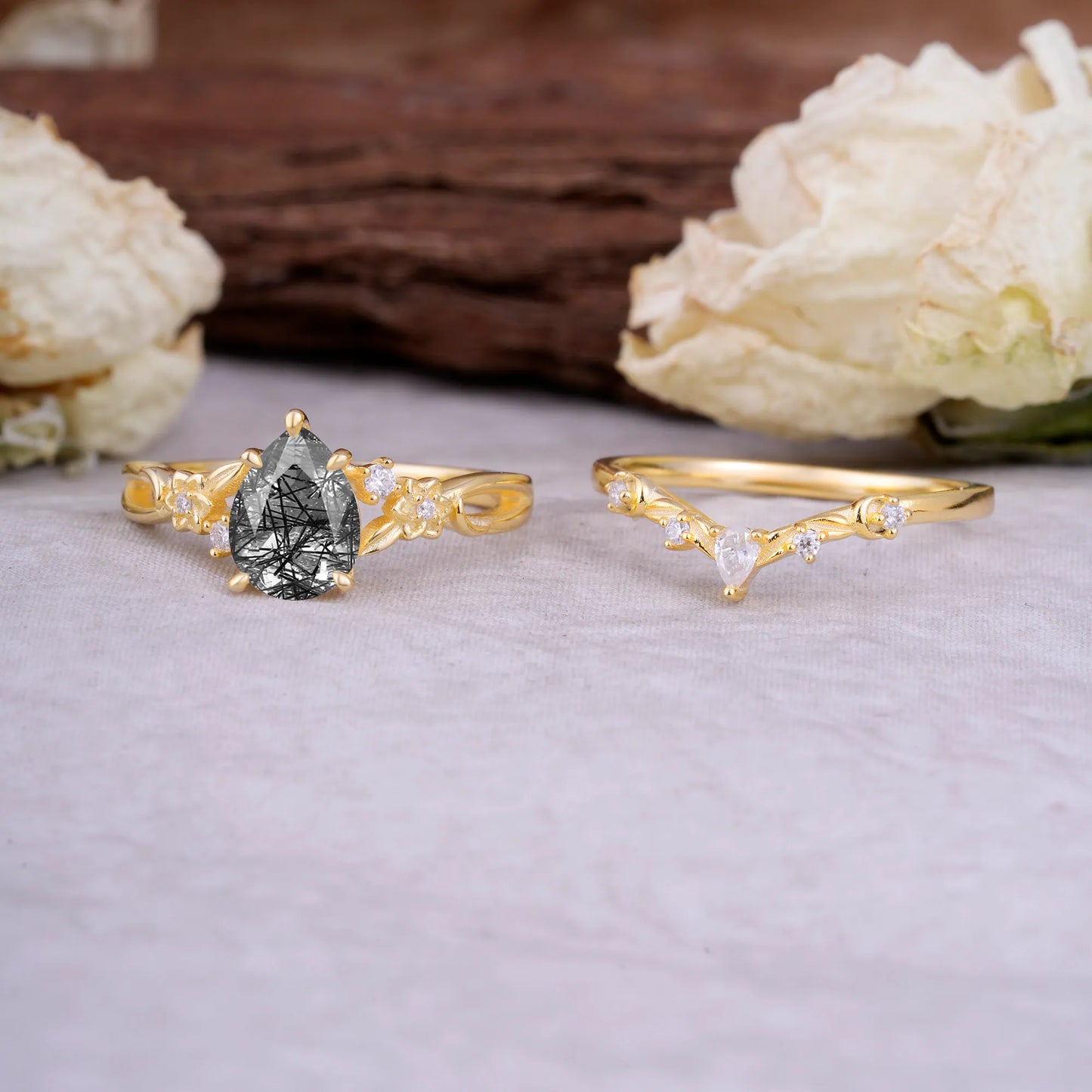 Art Nouveau 5-Prong Pear Cut Black Rutilated Quartz Ring