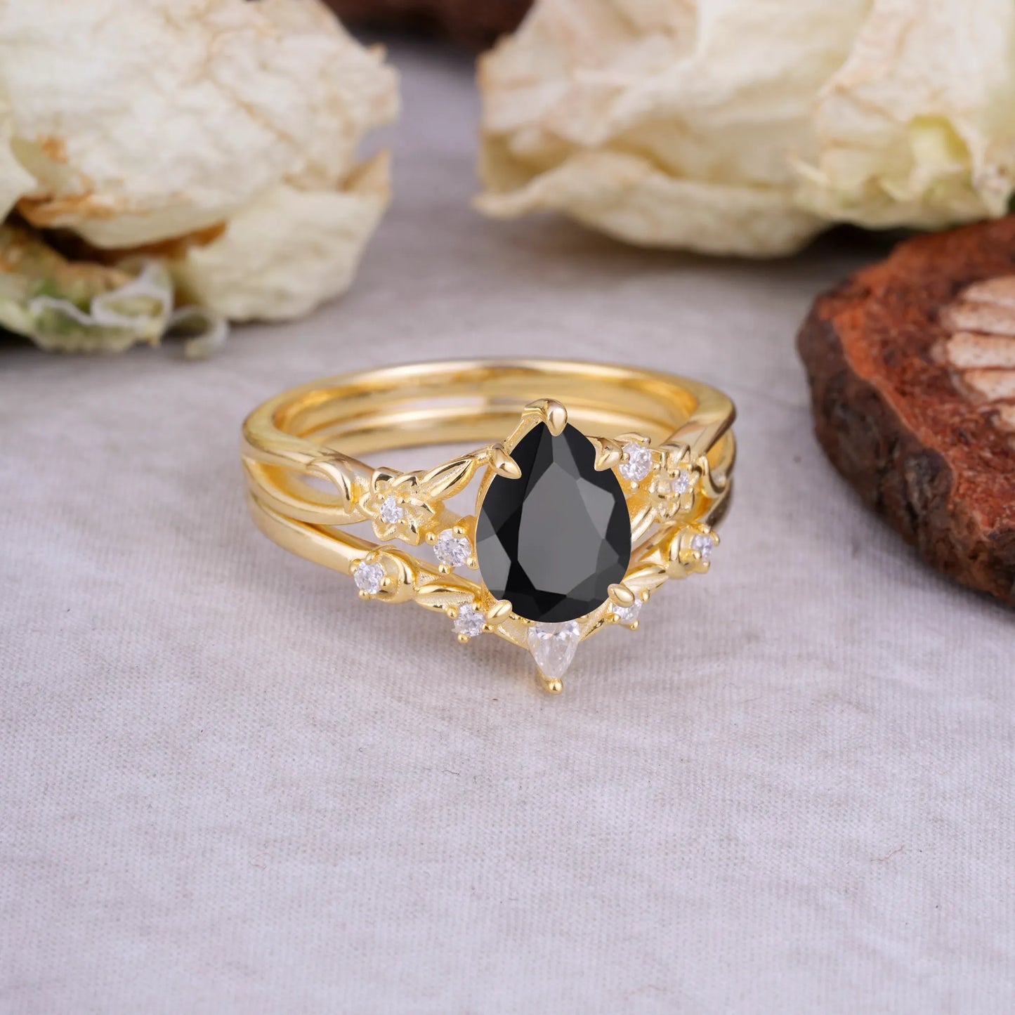 Art Nouveau 5-Prong Pear Cut Black Onyx Ring