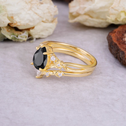 Art Nouveau 5-Prong Pear Cut Black Onyx Ring