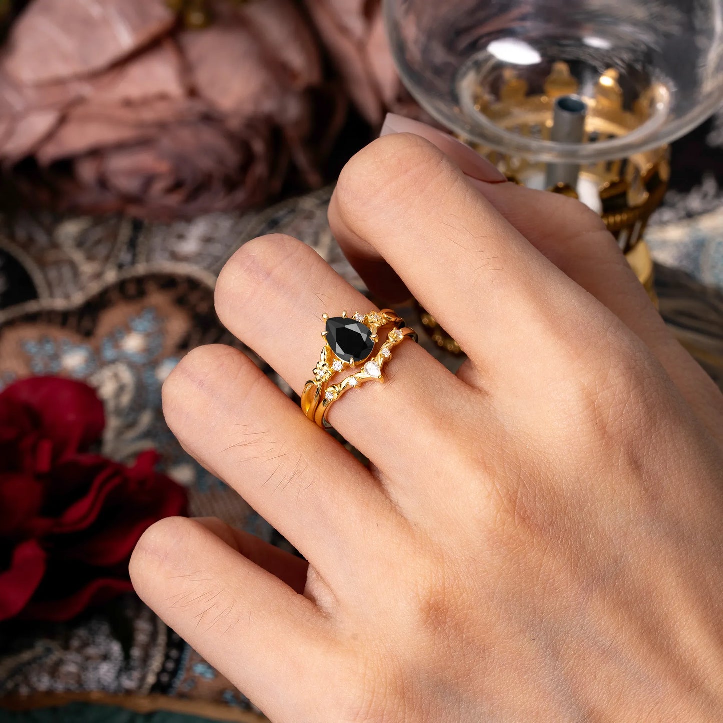 Art Nouveau 5-Prong Pear Cut Black Onyx Ring