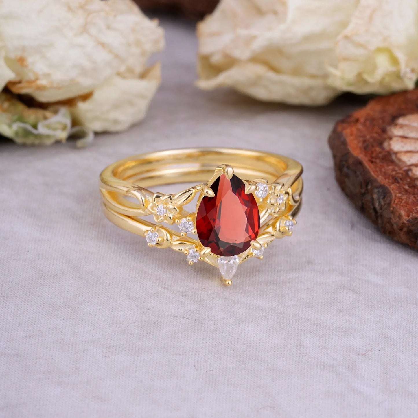 Art Nouveau 5-Prong Pear Cut Garnet Ring