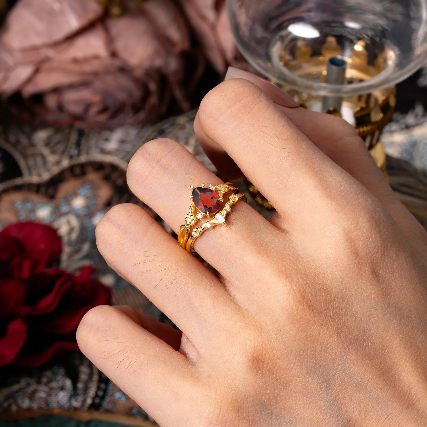 Art Nouveau 5-Prong Pear Cut Garnet Ring