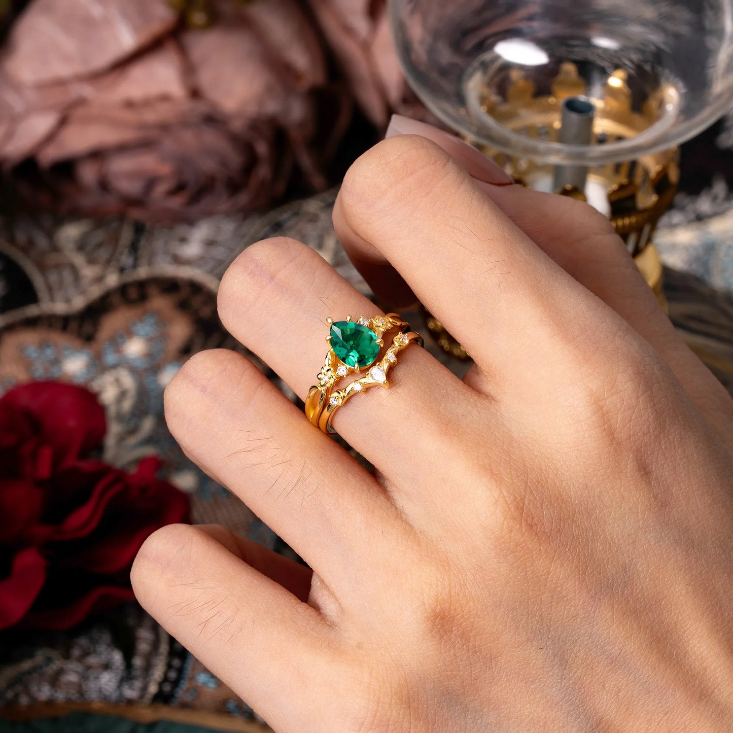 Art Nouveau 5-Prong Pear Cut Emerald Ring