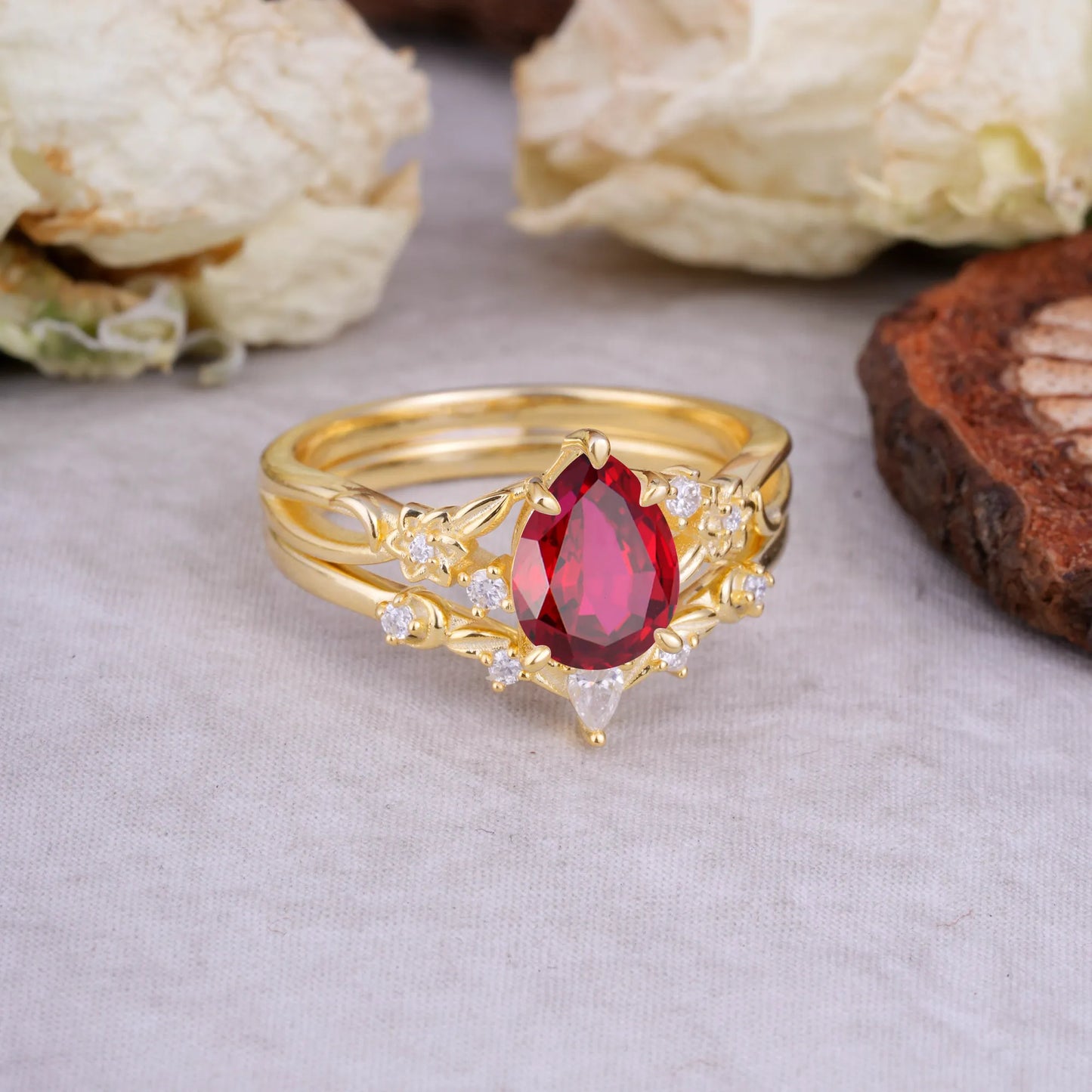 Art Nouveau 5-Prong Pear Cut Ruby Ring