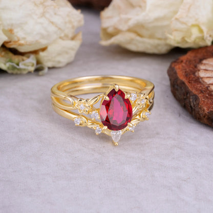 Art Nouveau 5-Prong Pear Cut Ruby Ring