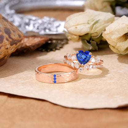 Luxurious 3-Prong Heart-Cut Sapphire Engagement Couple Rings