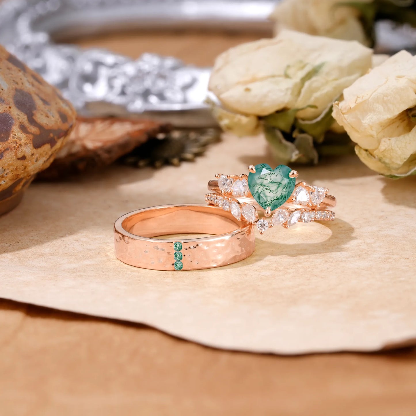 Luxurious 3-Prong Heart-Cut Moss Agate Engagement Couple Rings