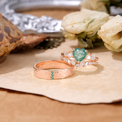 Luxurious 3-Prong Heart-Cut Moss Agate Engagement Couple Rings