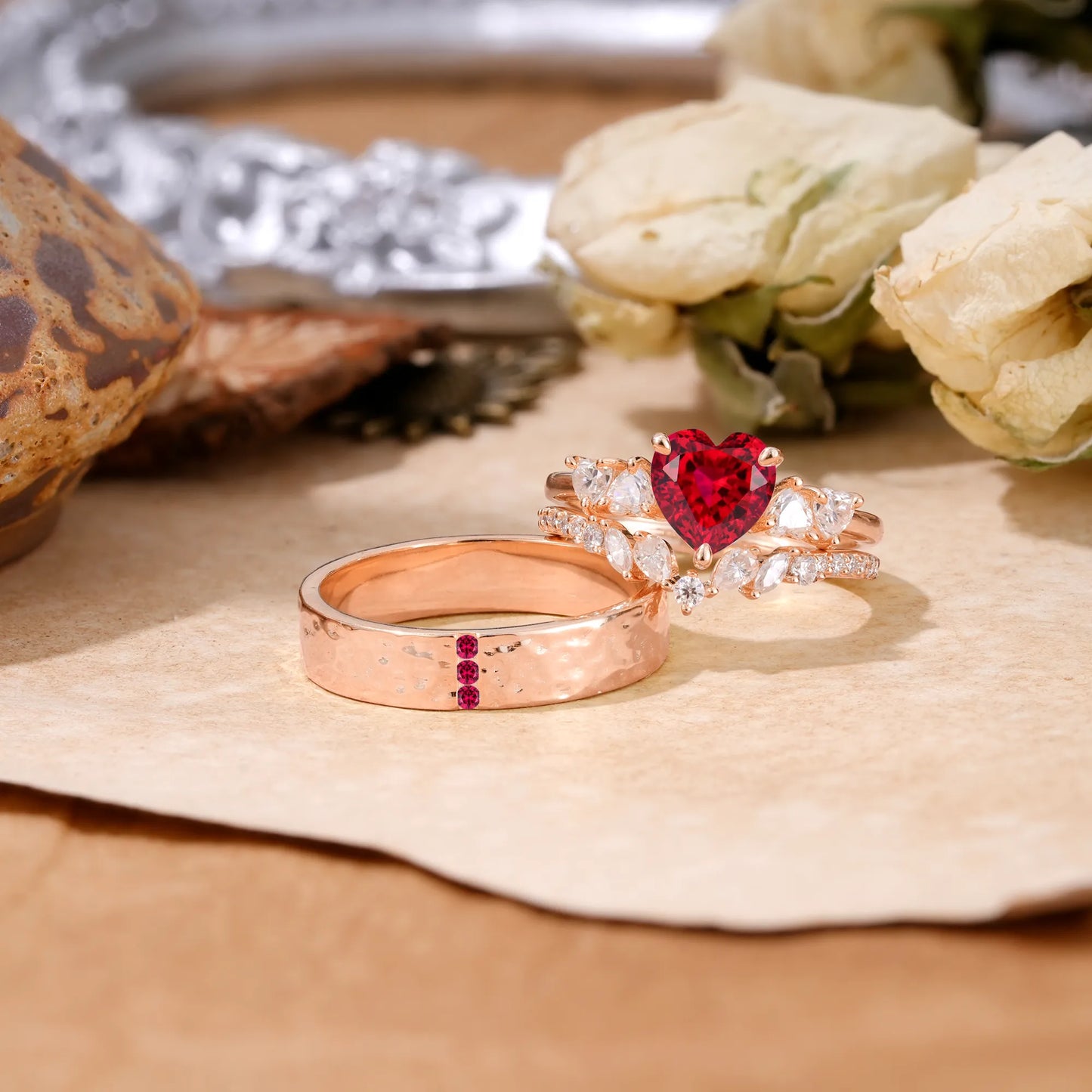 Luxurious 3-Prong Heart-Cut Ruby Engagement Couple Rings