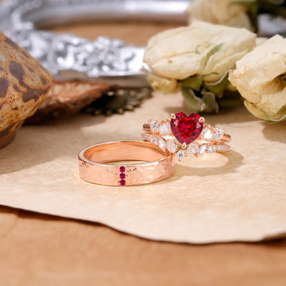 Luxurious 3-Prong Heart-Cut Ruby Engagement Couple Rings