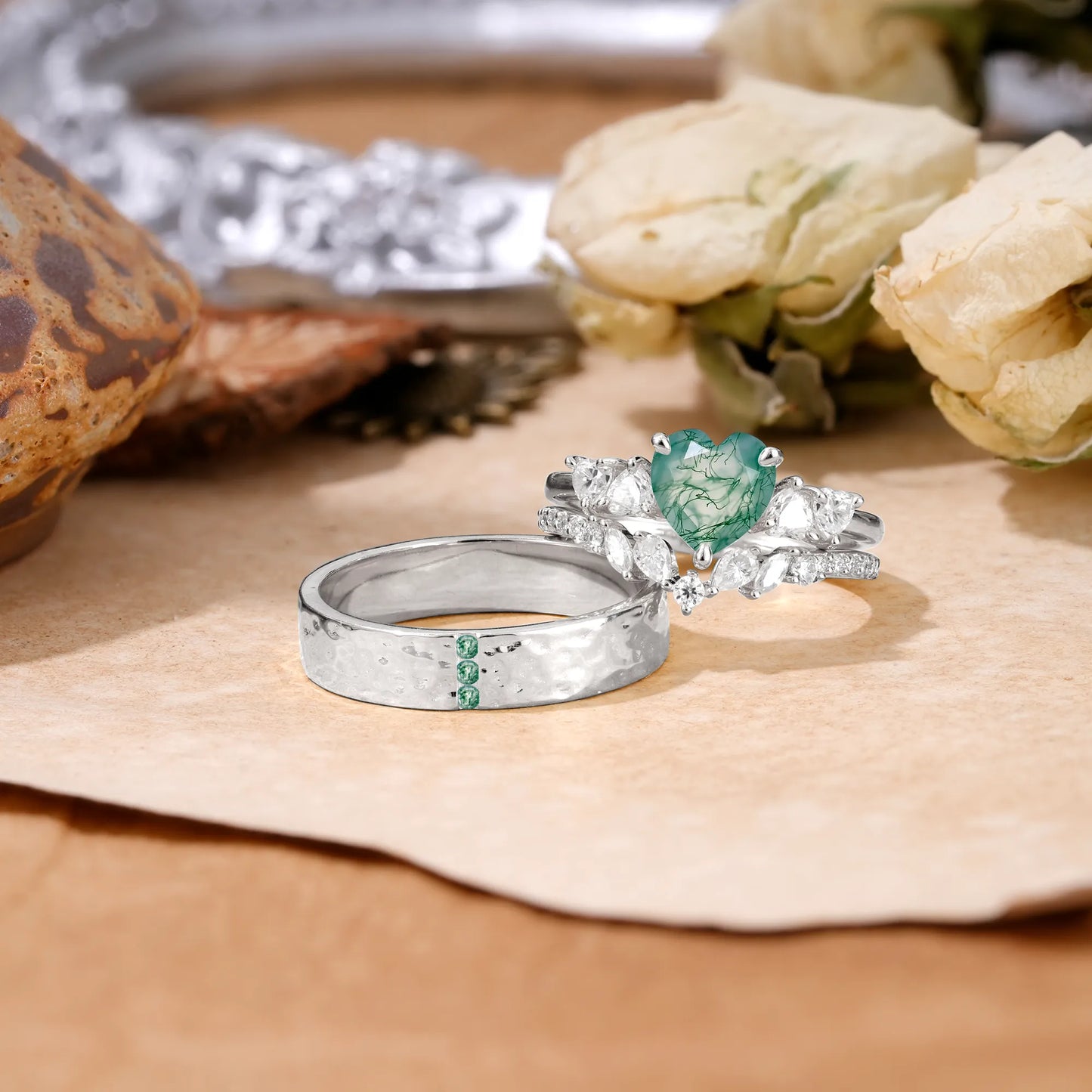 Luxurious 3-Prong Heart-Cut Moss Agate Engagement Couple Rings