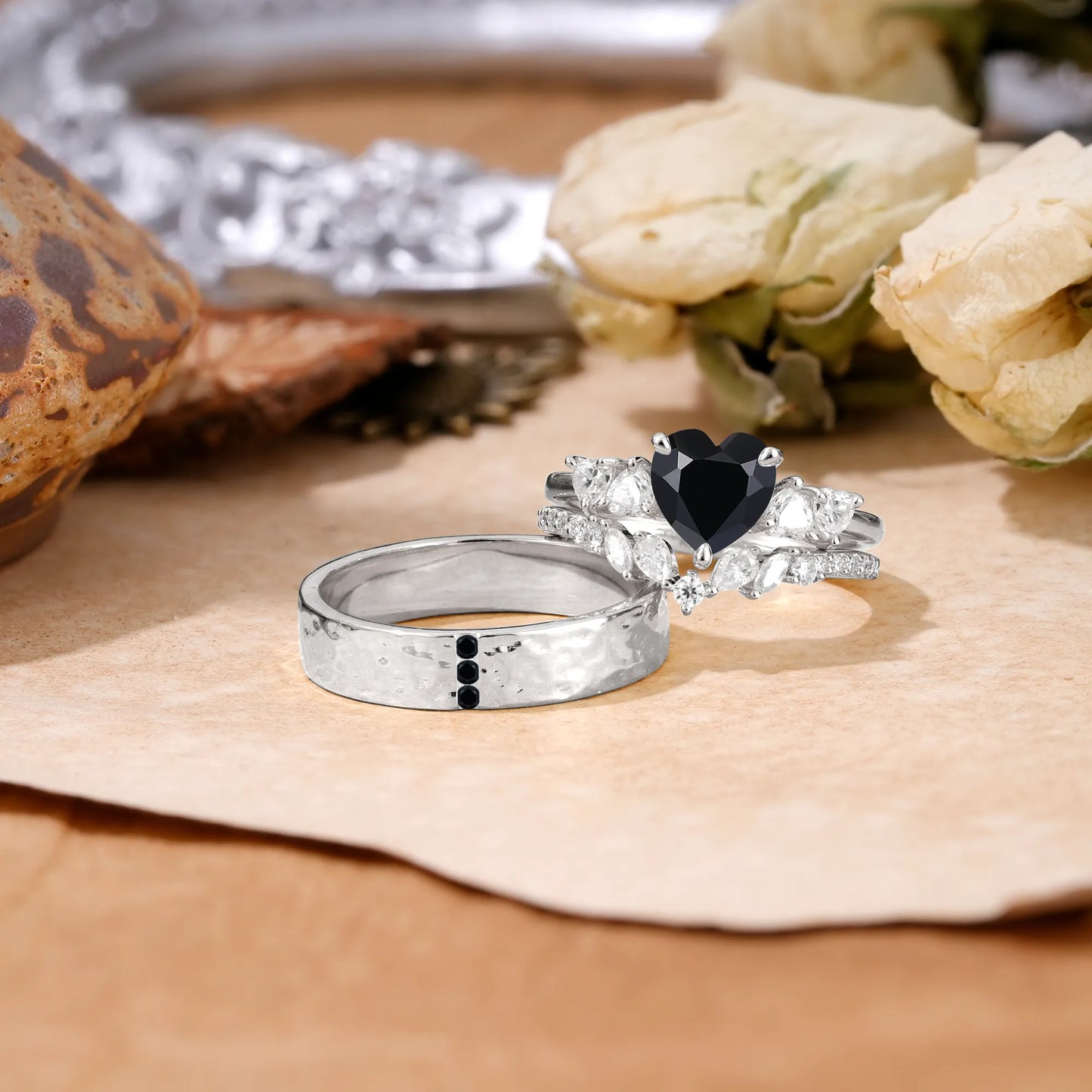 Luxurious 3-Prong Heart-Cut Black Onyx Engagement Couple Rings