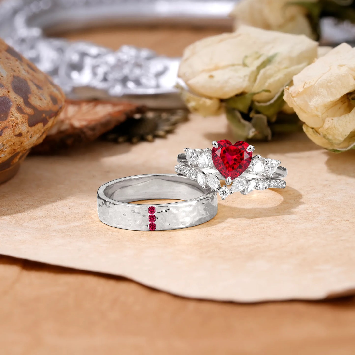 Luxurious 3-Prong Heart-Cut Ruby Engagement Couple Rings