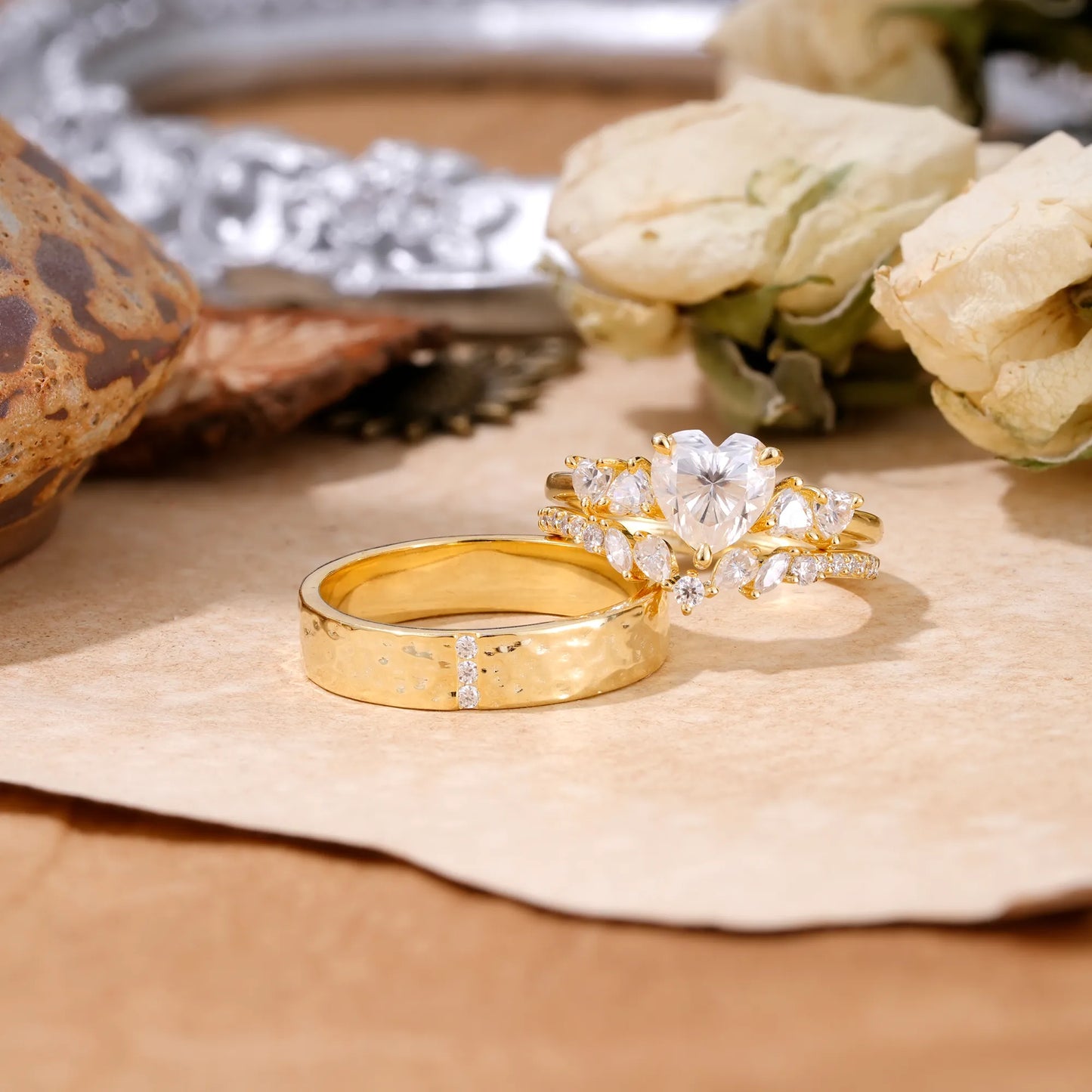 Luxurious 3-Prong Heart-Cut Moissanite Engagement Couple Rings
