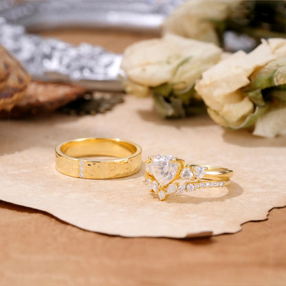 Luxurious 3-Prong Heart-Cut Moissanite Engagement Couple Rings