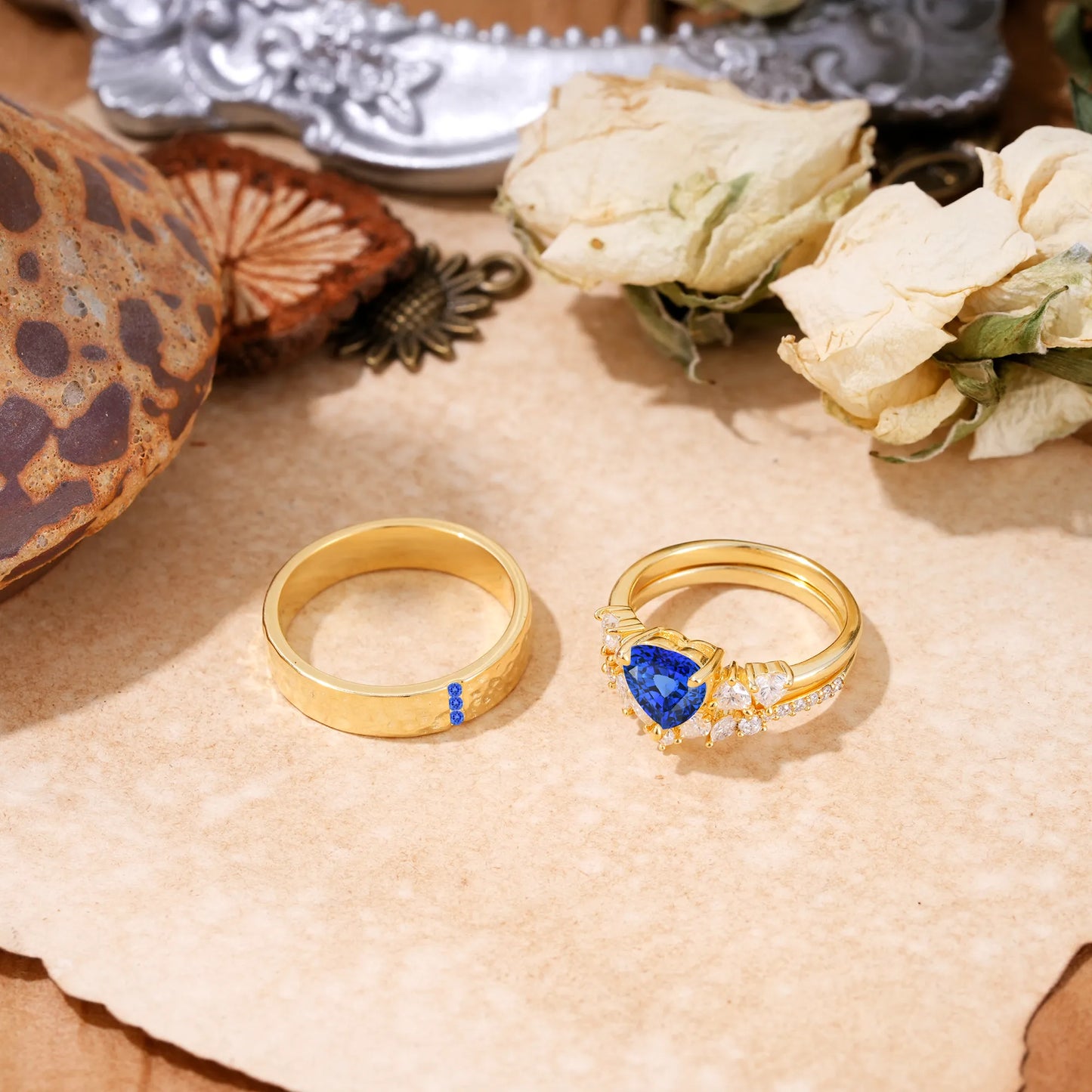 Luxurious 3-Prong Heart-Cut Sapphire Engagement Couple Rings
