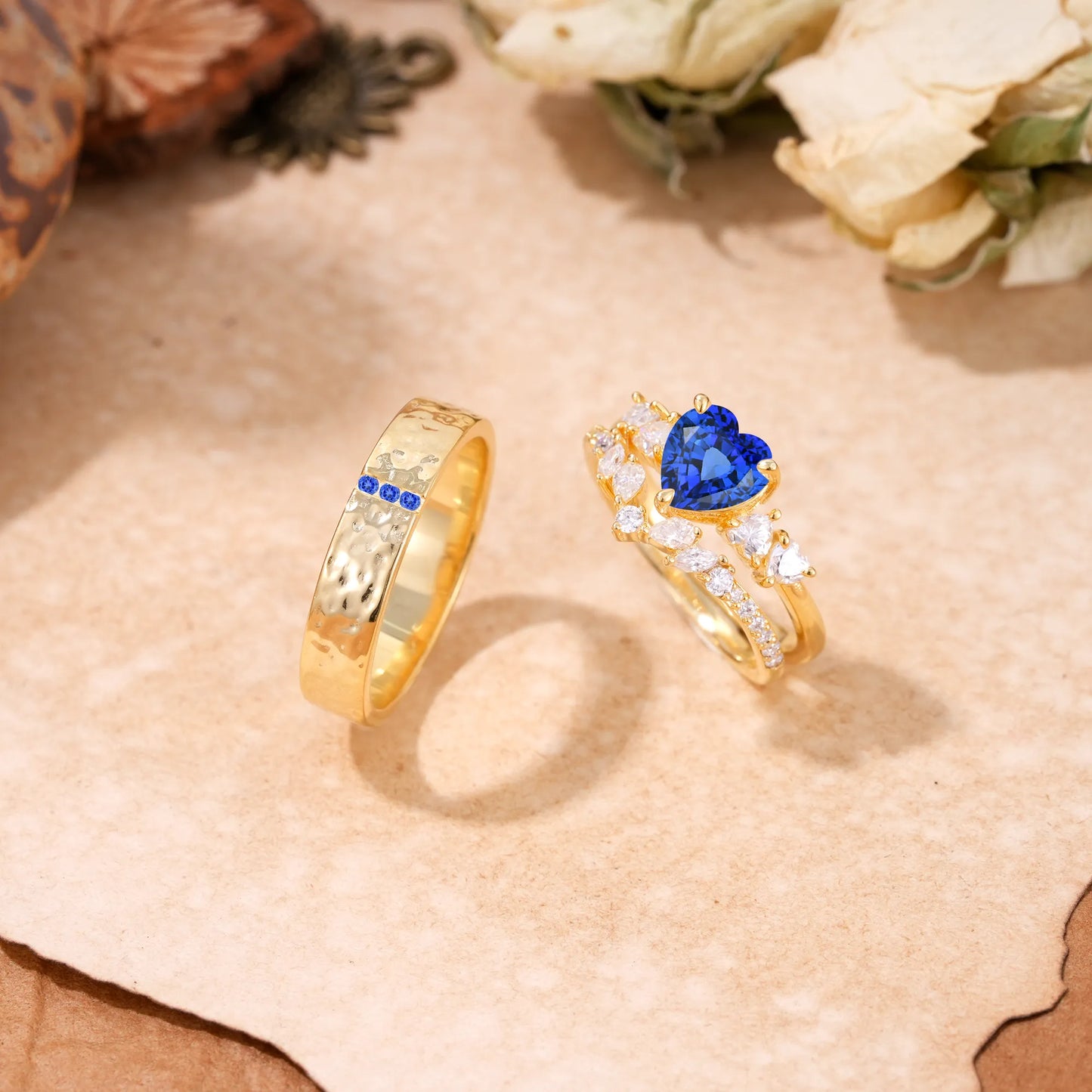 Luxurious 3-Prong Heart-Cut Sapphire Engagement Couple Rings