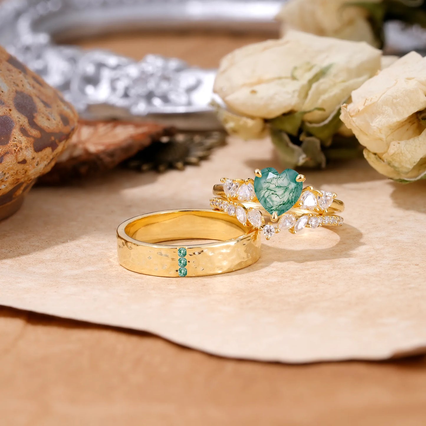 Luxurious 3-Prong Heart-Cut Moss Agate Engagement Couple Rings