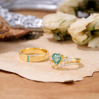 Luxurious 3-Prong Heart-Cut Moss Agate Engagement Couple Rings