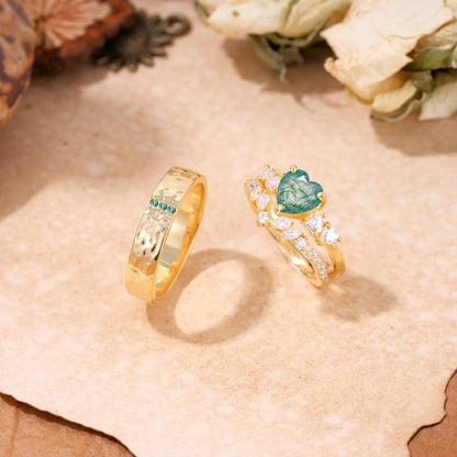 Luxurious 3-Prong Heart-Cut Moss Agate Engagement Couple Rings