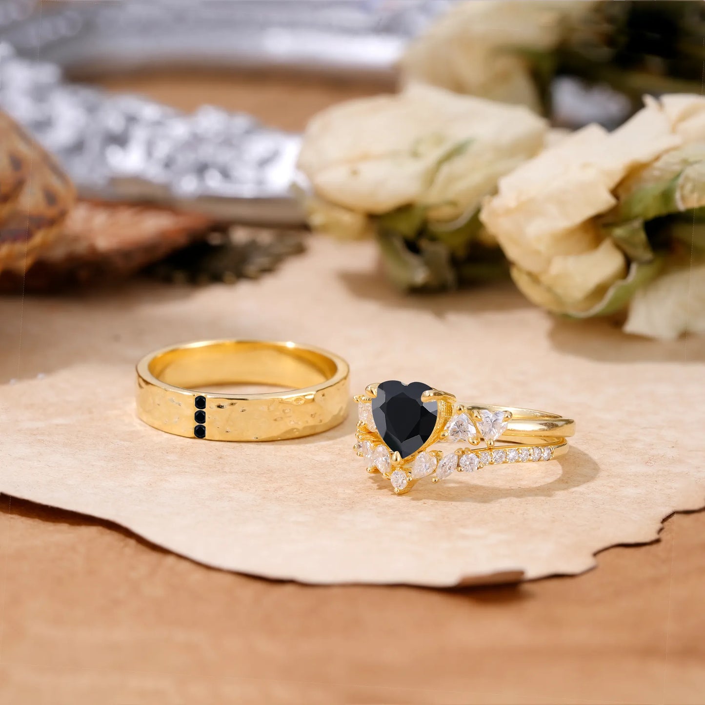 Luxurious 3-Prong Heart-Cut Black Onyx Engagement Couple Rings