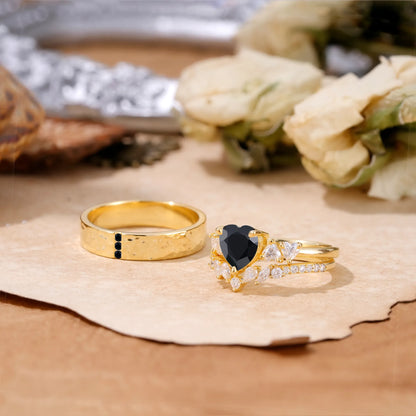 Luxurious 3-Prong Heart-Cut Black Onyx Engagement Couple Rings