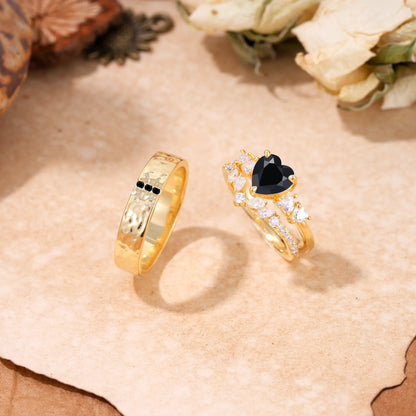 Luxurious 3-Prong Heart-Cut Black Onyx Engagement Couple Rings