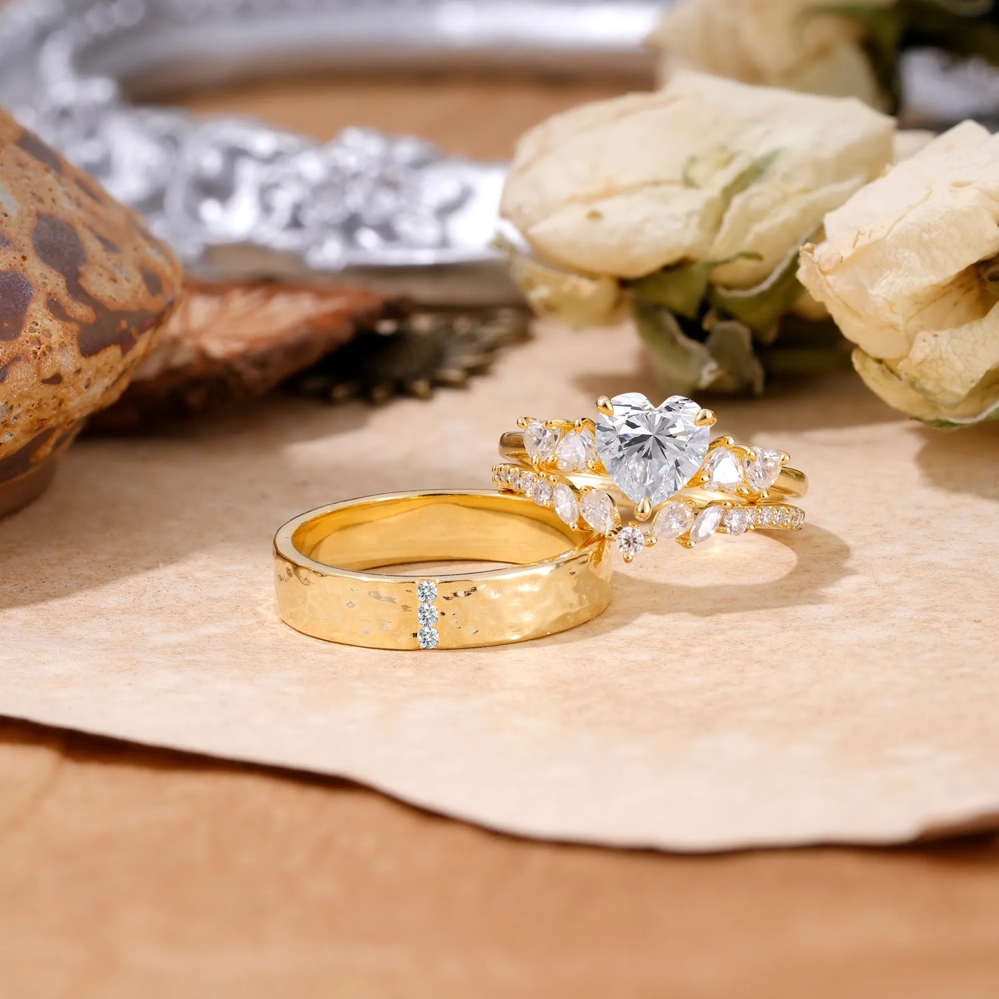 Luxurious 3-Prong Heart-Cut Lab Diamond Engagement Couple Rings