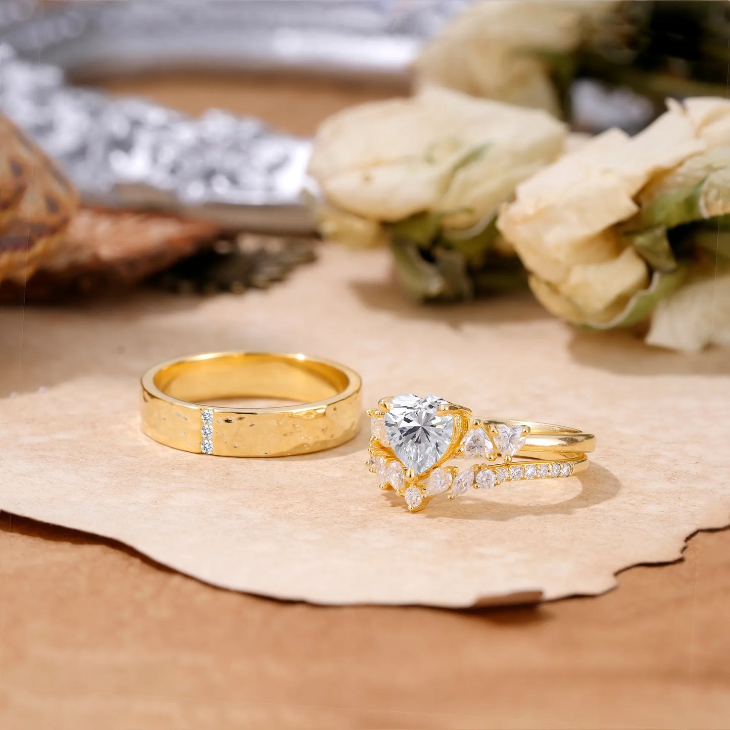 Luxurious 3-Prong Heart-Cut Lab Diamond Engagement Couple Rings