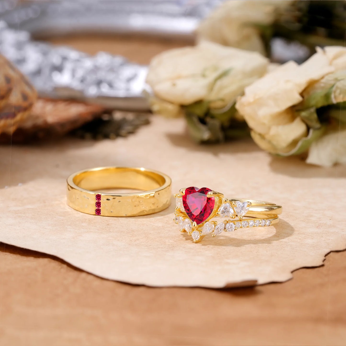 Luxurious 3-Prong Heart-Cut Ruby Engagement Couple Rings
