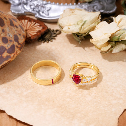 Luxurious 3-Prong Heart-Cut Ruby Engagement Couple Rings