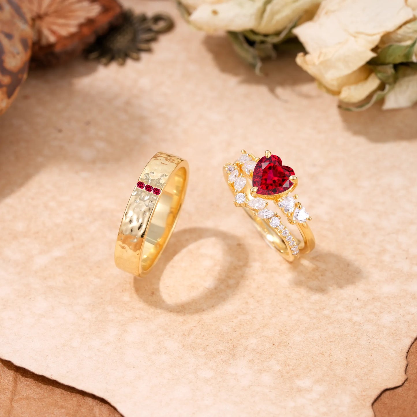 Luxurious 3-Prong Heart-Cut Ruby Engagement Couple Rings