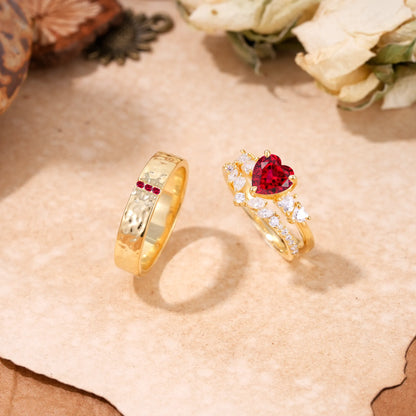Luxurious 3-Prong Heart-Cut Ruby Engagement Couple Rings