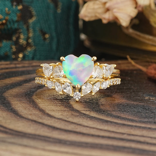 Bohemian Heart 3-Prong Heart Cut Opal Stacking Bridal Ring Set