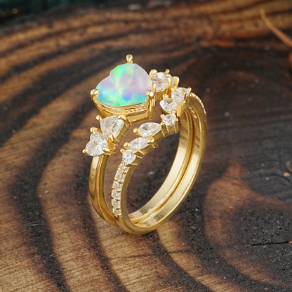 Bohemian Heart 3-Prong Heart Cut Opal Stacking Bridal Ring Set