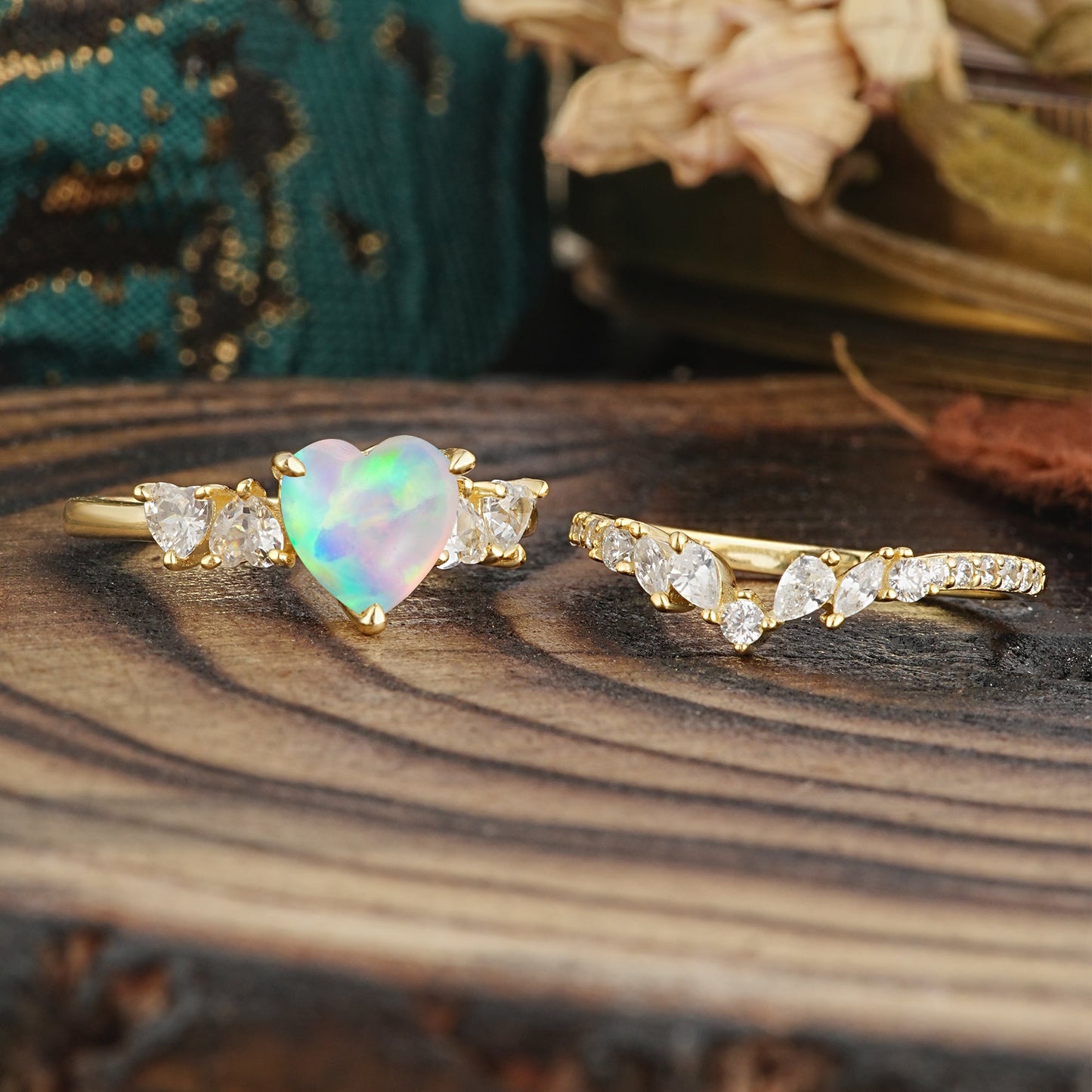 Bohemian Heart 3-Prong Heart Cut Opal Stacking Bridal Ring Set