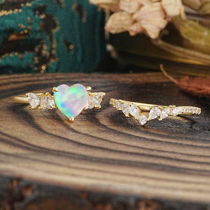 Bohemian Heart 3-Prong Heart Cut Opal Stacking Bridal Ring Set