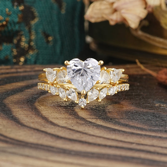 Bohemian Heart 3-Prong Heart Cut Lab Diamond Stacking Bridal Ring Set